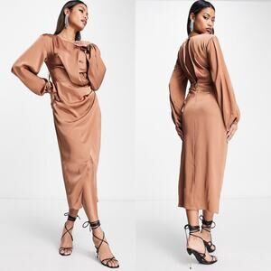 River Island Twist Midi Dress Long Sleeve Satin Womens Size 6